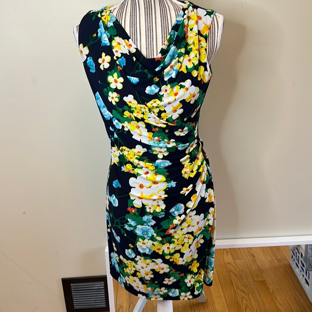 American Living Womens Navy Yellow Cowl Neck Floral Print Sheath Dress Size 6